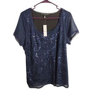 WHBM Sequin Sheer Sleeve Lined‎ Office Career Business Casual Blouse XL